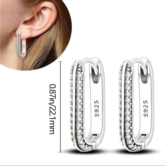 925 Sterling Silver and Diamond U Shaped Hoop Earrings - Picture 3 of 5